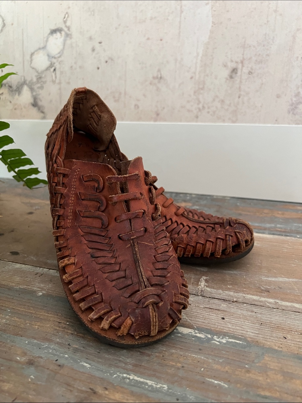 Vintage 70s Leather Woven Wooden Wedge Huarache Sandals by Qualicraft, Size 5.5